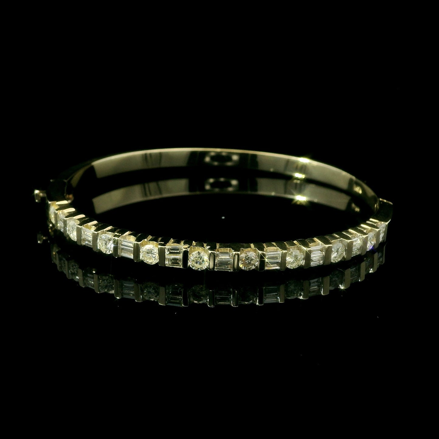 Solid 14K Yellow Gold Diamond Bangle – Bar Set with Round & Baguette Diamonds