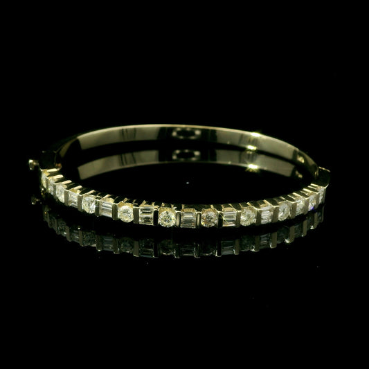Solid 14K Yellow Gold Diamond Bangle – Bar Set with Round & Baguette Diamonds