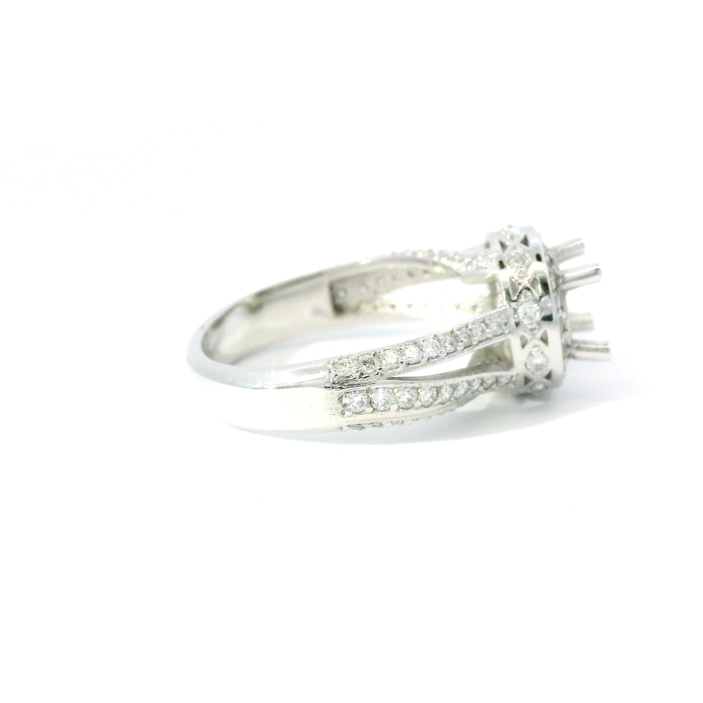 14K White Gold Round Halo Diamond Engagement Ring Setting with Split Shank