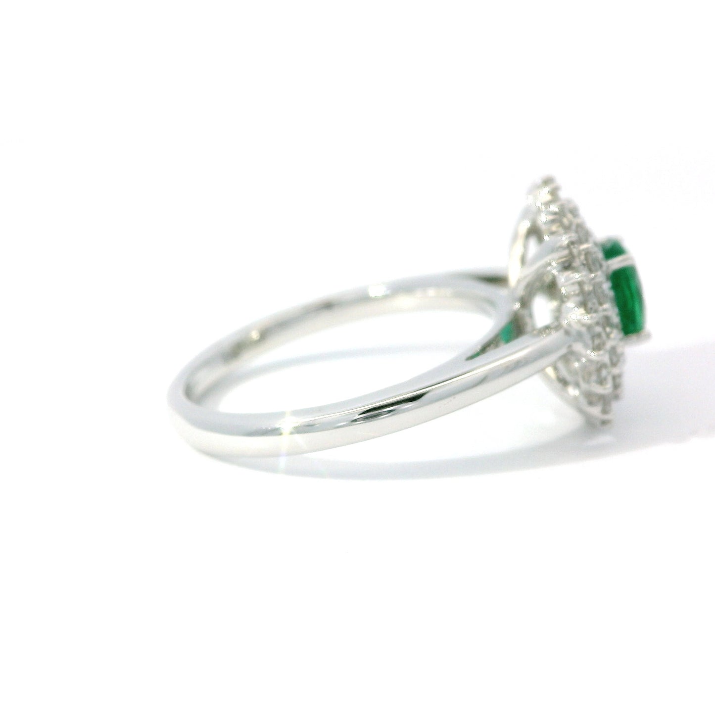 Round Emerald Starburst Double Halo Diamond Ring in 14K White Gold