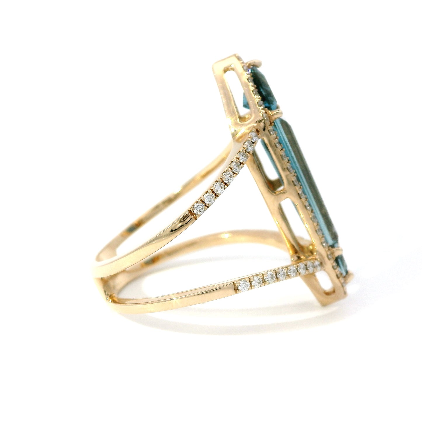 14K Rose Gold Geometric Blue Topaz & Diamond Halo Statement Ring