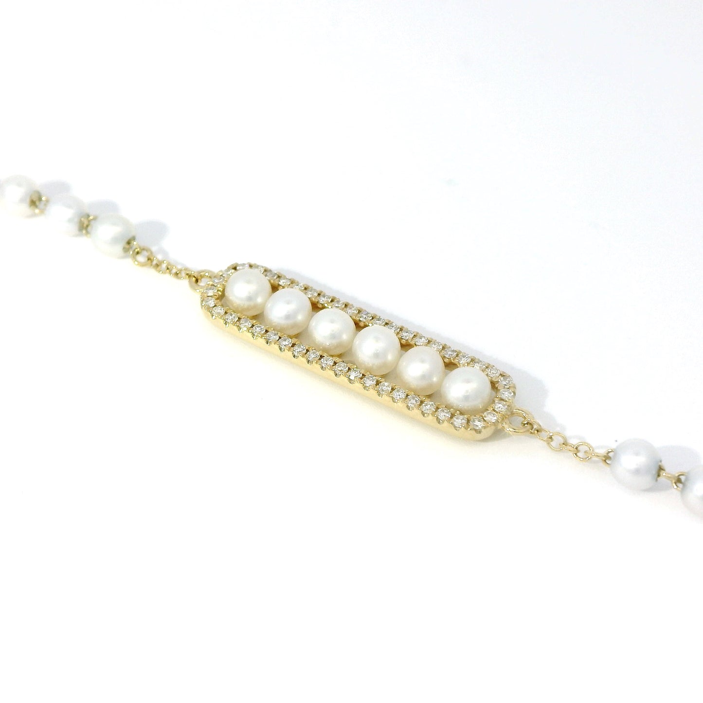 14K Gold Pearl and Diamond Bar Bracelet