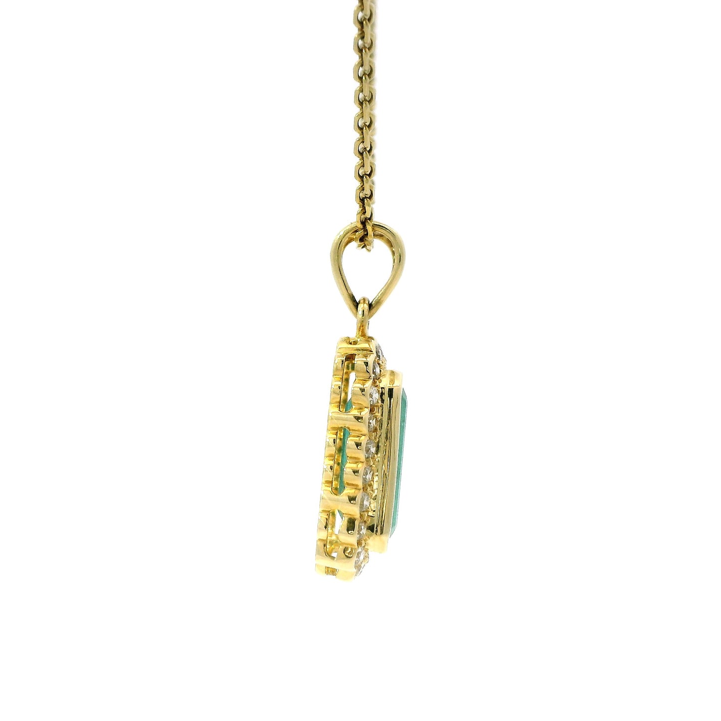 18K Yellow Gold Emerald and Diamond Halo Pendant Necklace
