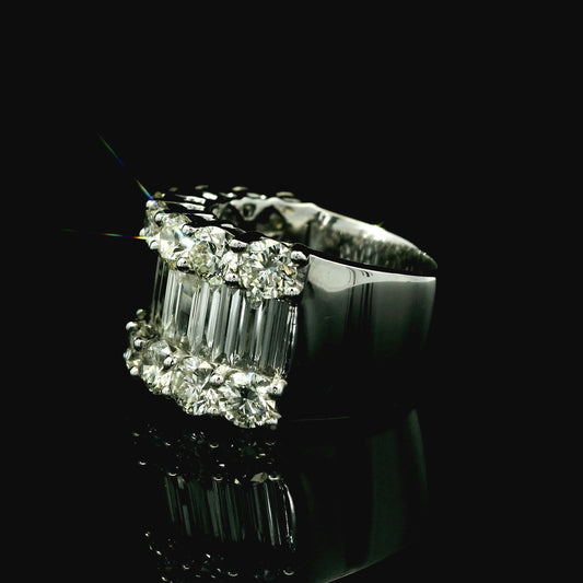 Wide Baguette and Round Brilliant Diamond Band – Natural Multi-Row Statement Ring in 14K White Gold