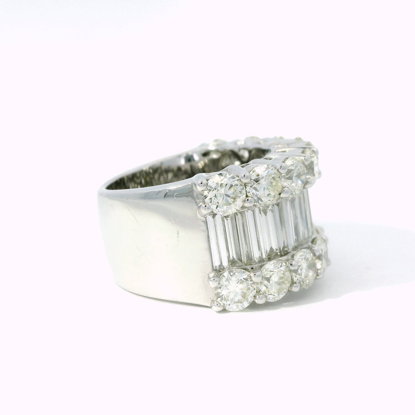 Wide Baguette and Round Brilliant Diamond Band – Natural Multi-Row Statement Ring in 14K White Gold