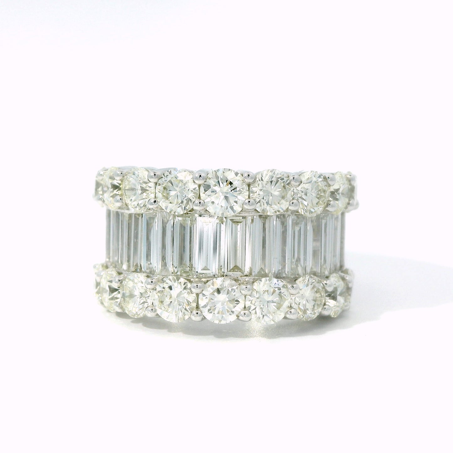 Wide Baguette and Round Brilliant Diamond Band – Natural Multi-Row Statement Ring in 14K White Gold