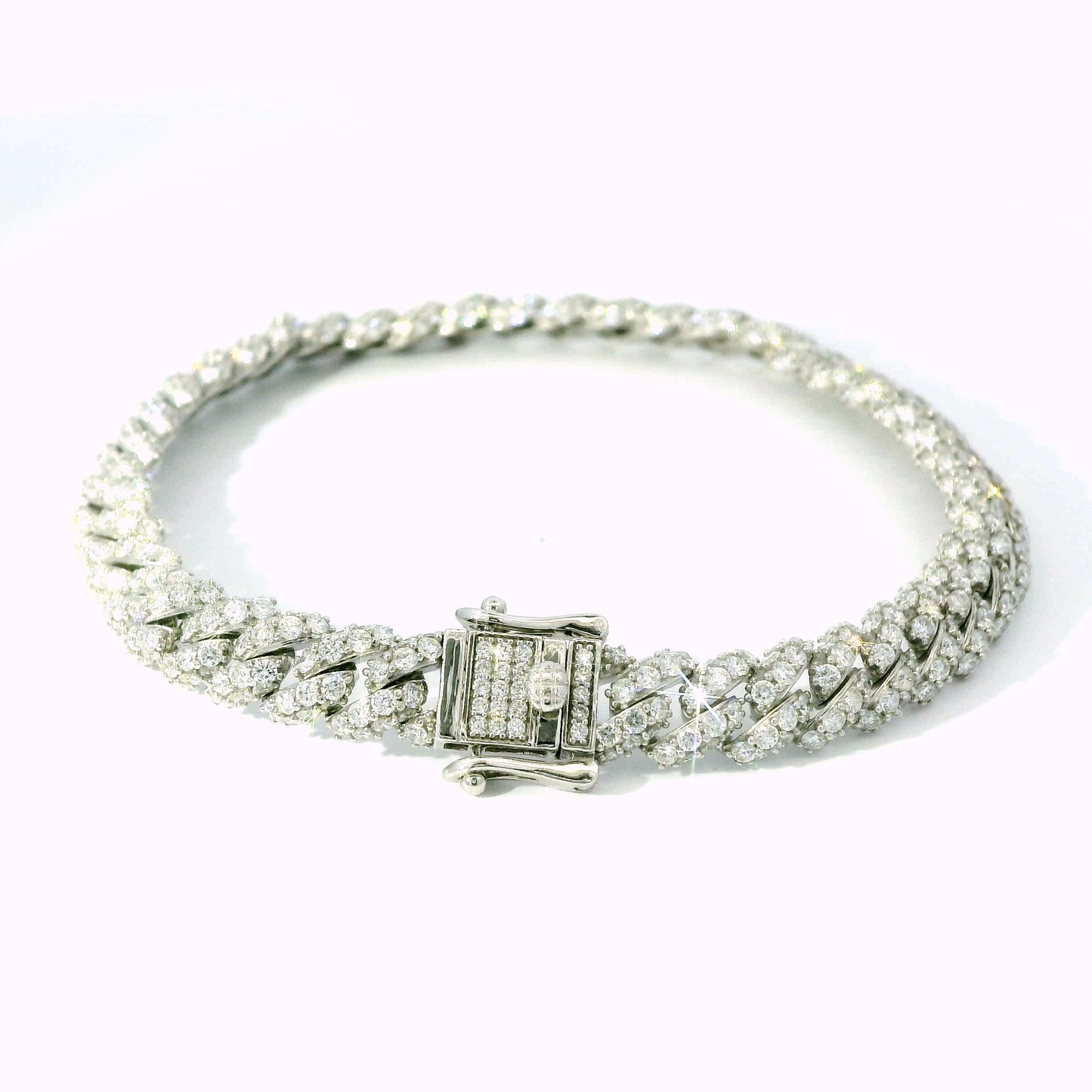 18K White Gold Diamond Cuban Link Chain Bracelet