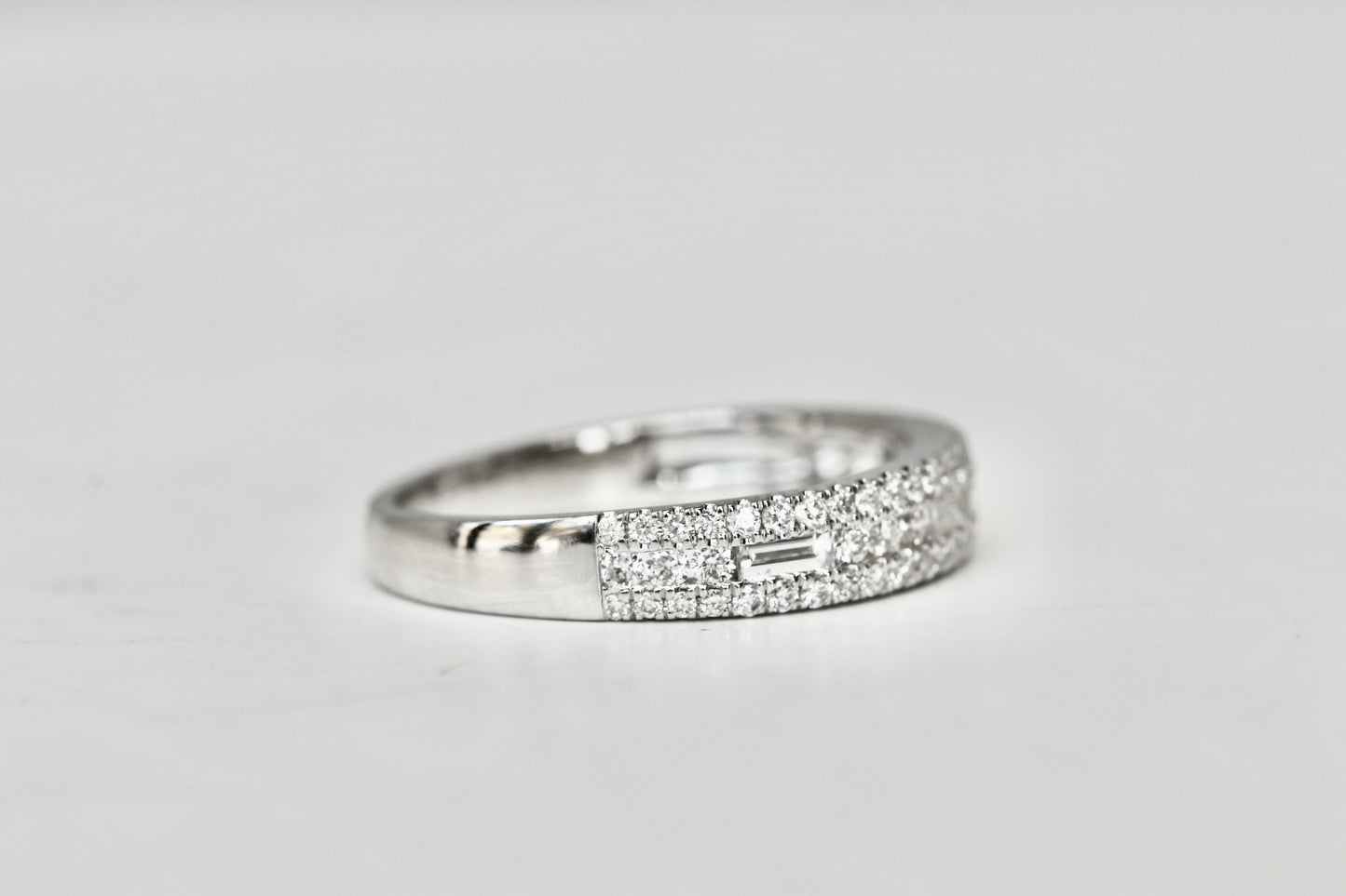 3 Row Round & Baguette Diamond Band in Solid Gold