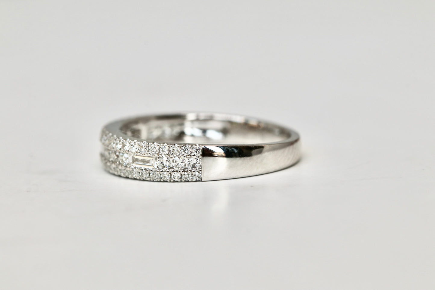 3 Row Round & Baguette Diamond Band in Solid Gold