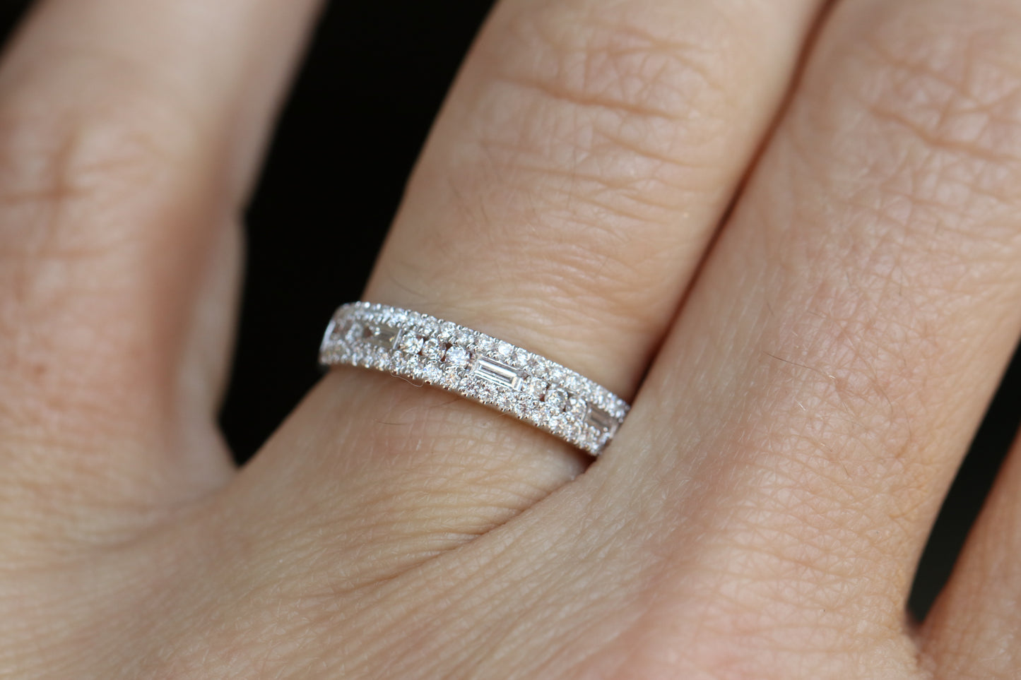3 Row Round & Baguette Diamond Band in Solid Gold