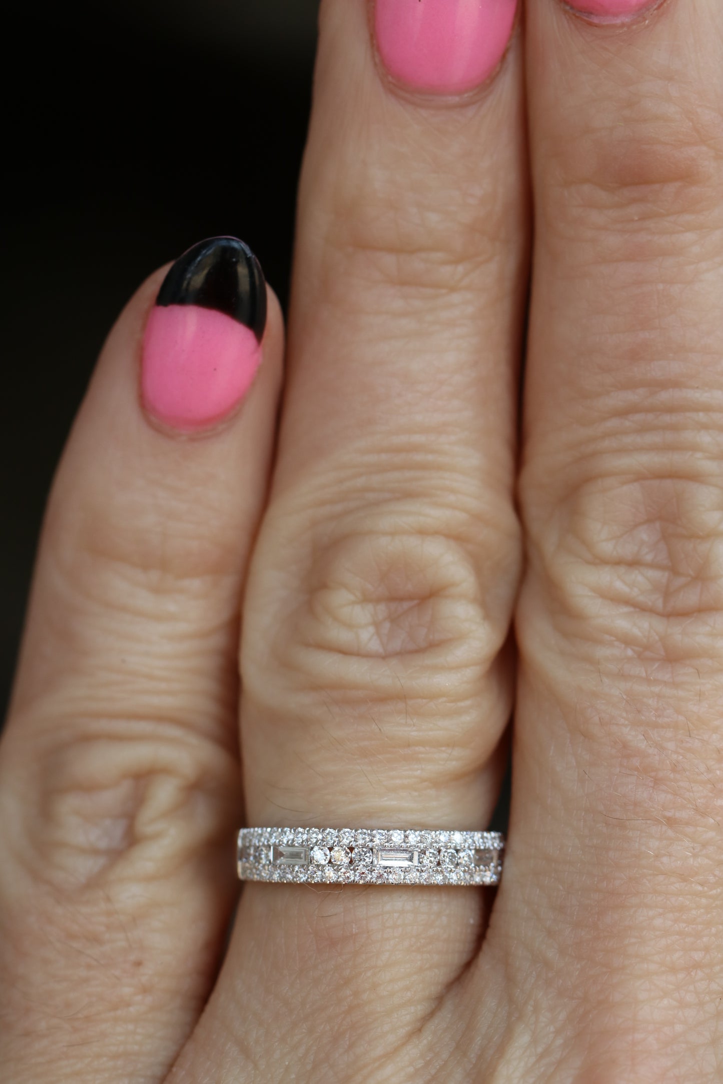 3 Row Round & Baguette Diamond Band in Solid Gold