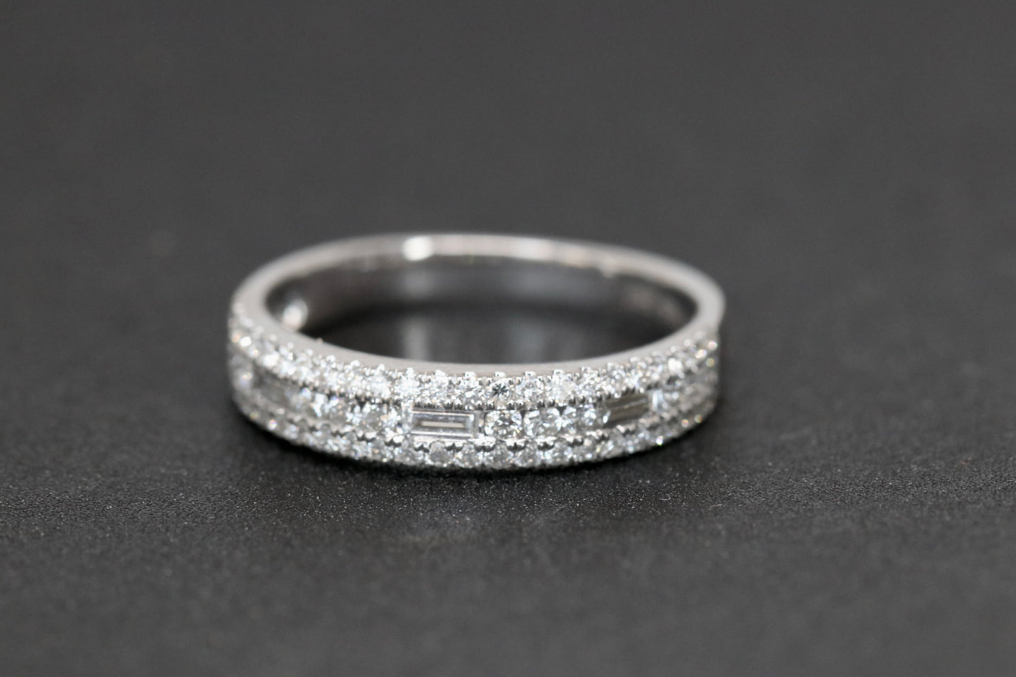 3 Row Round & Baguette Diamond Band in Solid Gold