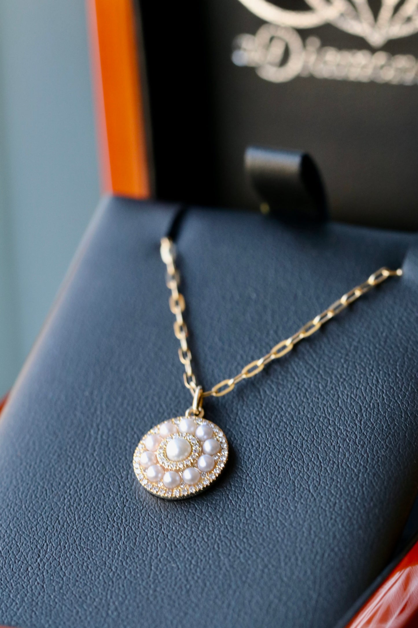 Pearl an Diamond Disc Pendant on a Paperclip Chain in 14kt Gold