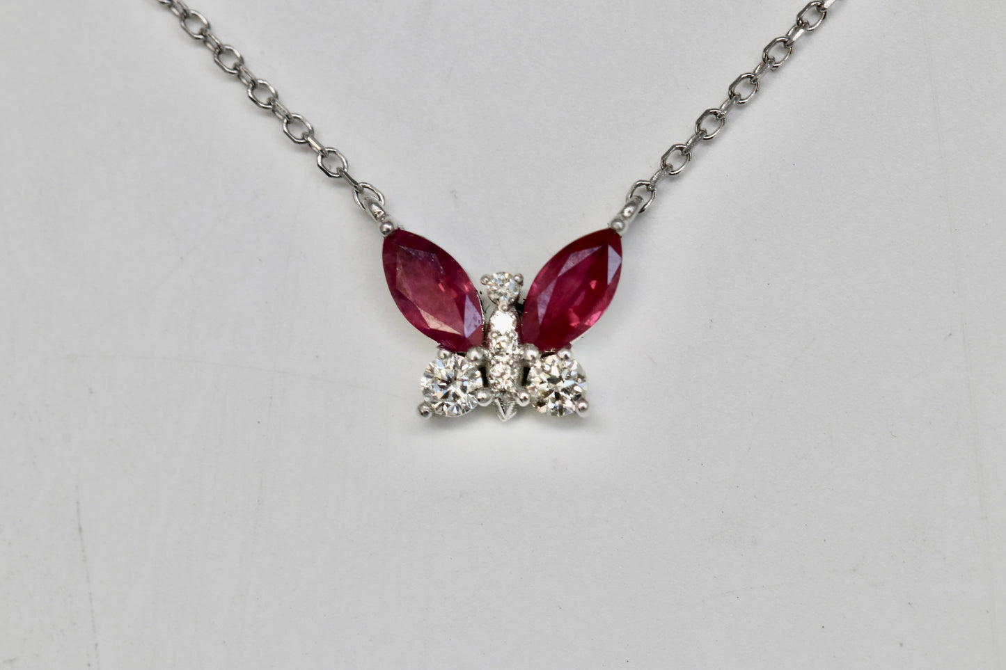 Ruby and Diamond Butterfly Necklace in Solid 14k Gold