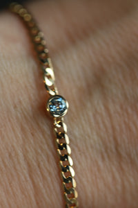 Birthstone Bracelet with a Round Genuine Aquamarine attached to a 3mm Curb Chain in Solid 14k Gold