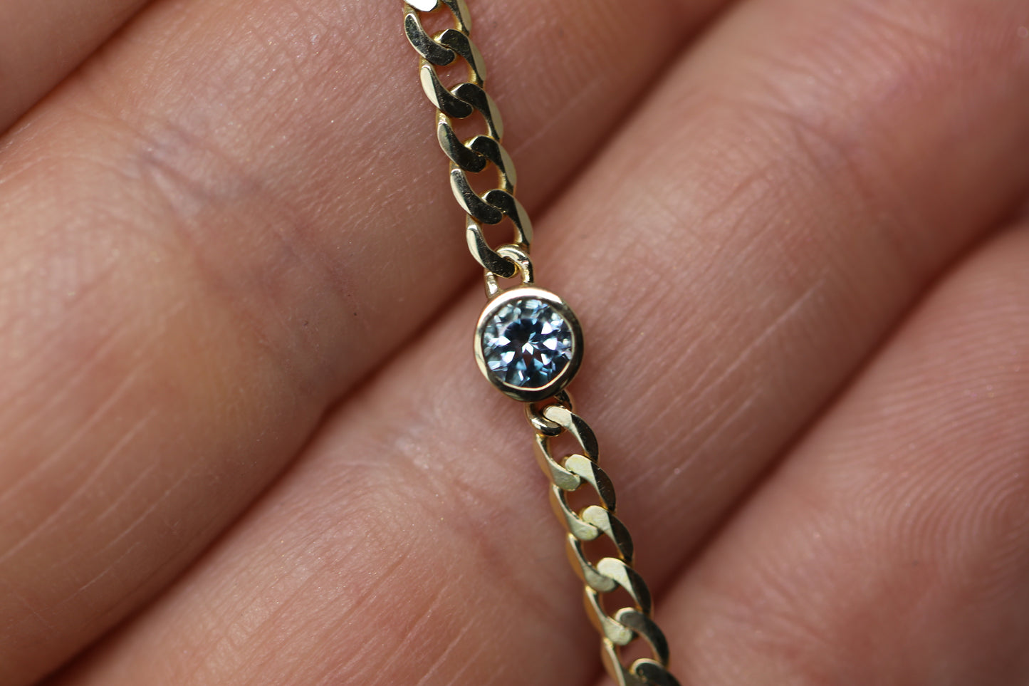 Birthstone Bracelet with a Round Genuine Aquamarine attached to a 3mm Curb Chain in Solid 14k Gold