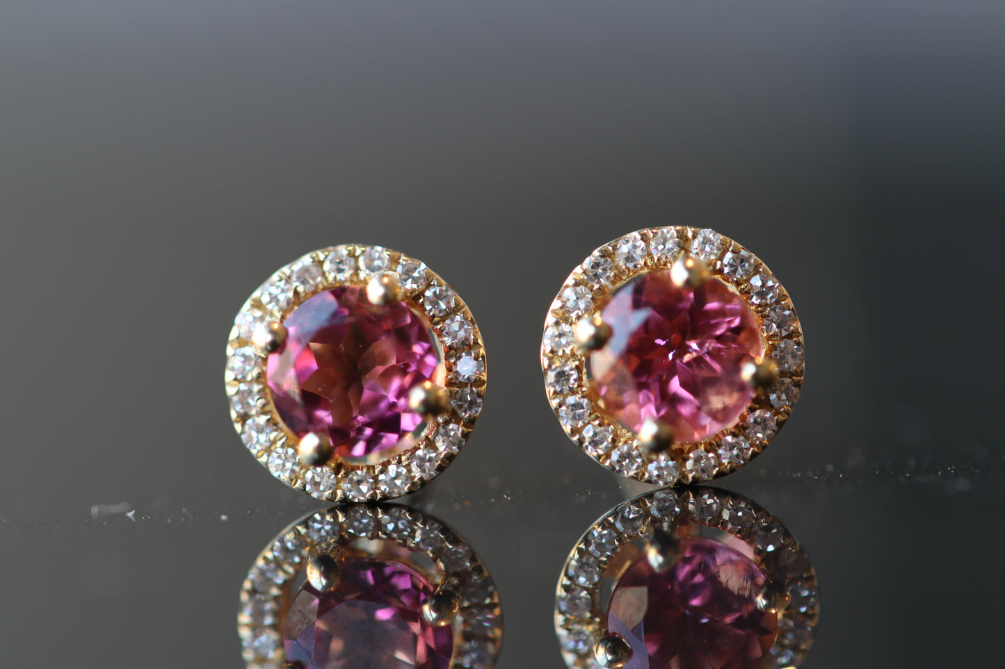 Genuine Round Cut Pink Tourmaline And Diamond Halo Earrings