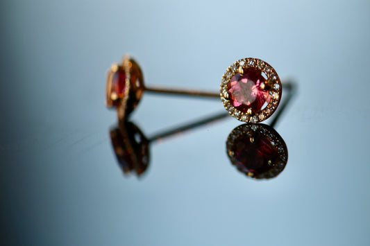 Genuine Round Cut Pink Tourmaline And Diamond Halo Earrings