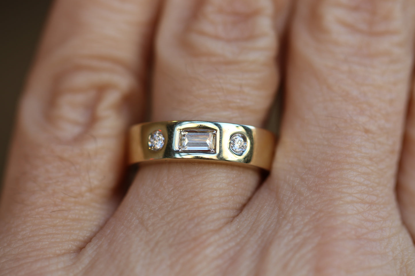 3 Stone Cigar Band with Emeralds and Round Diamonds in 14k Gold