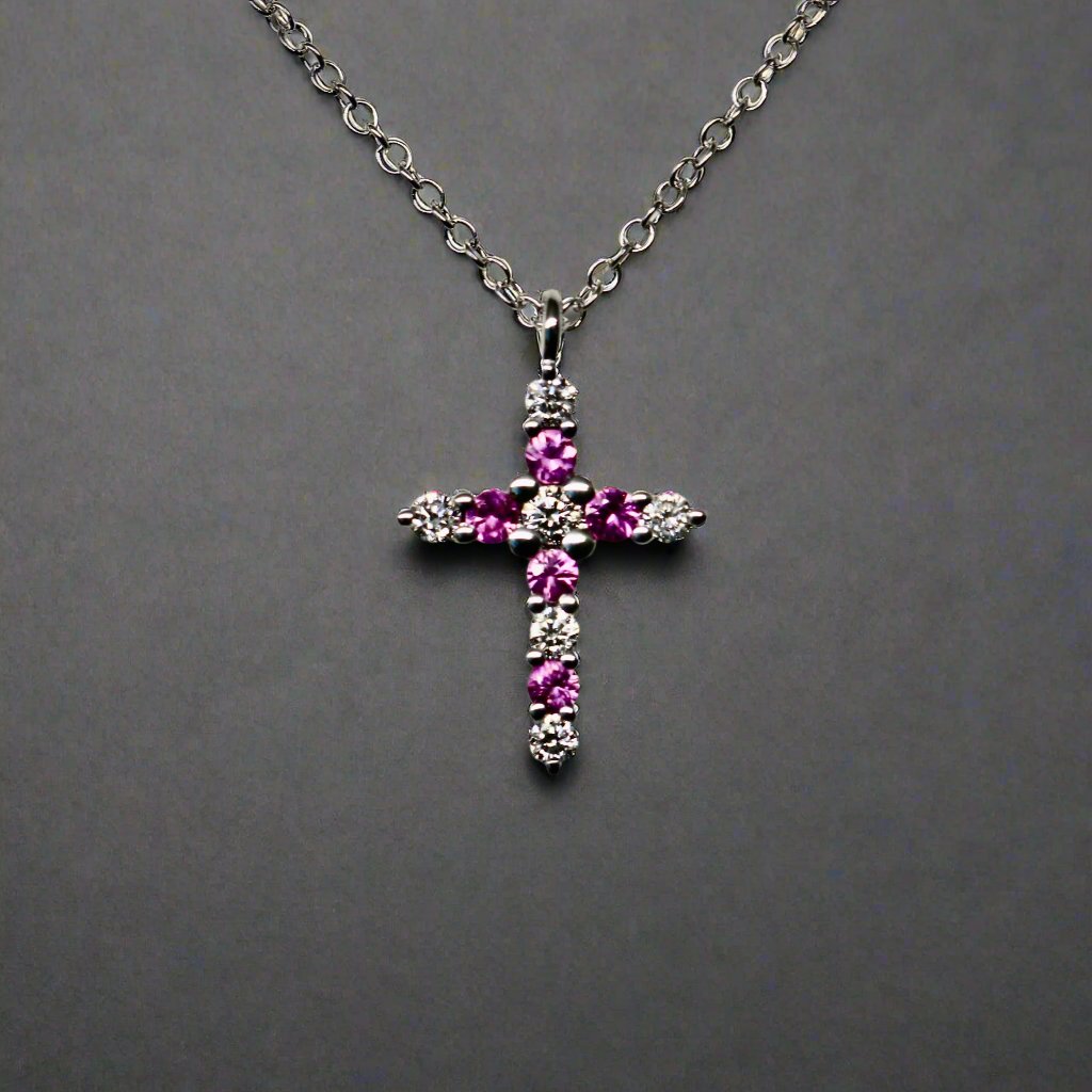 Pink Sapphire and Diamond Cross Necklace in Solid 14k Gold