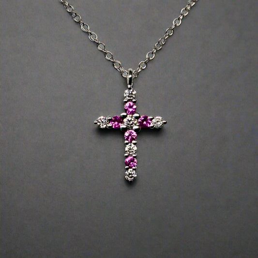 Pink Sapphire and Diamond Cross Necklace in Solid 14k Gold