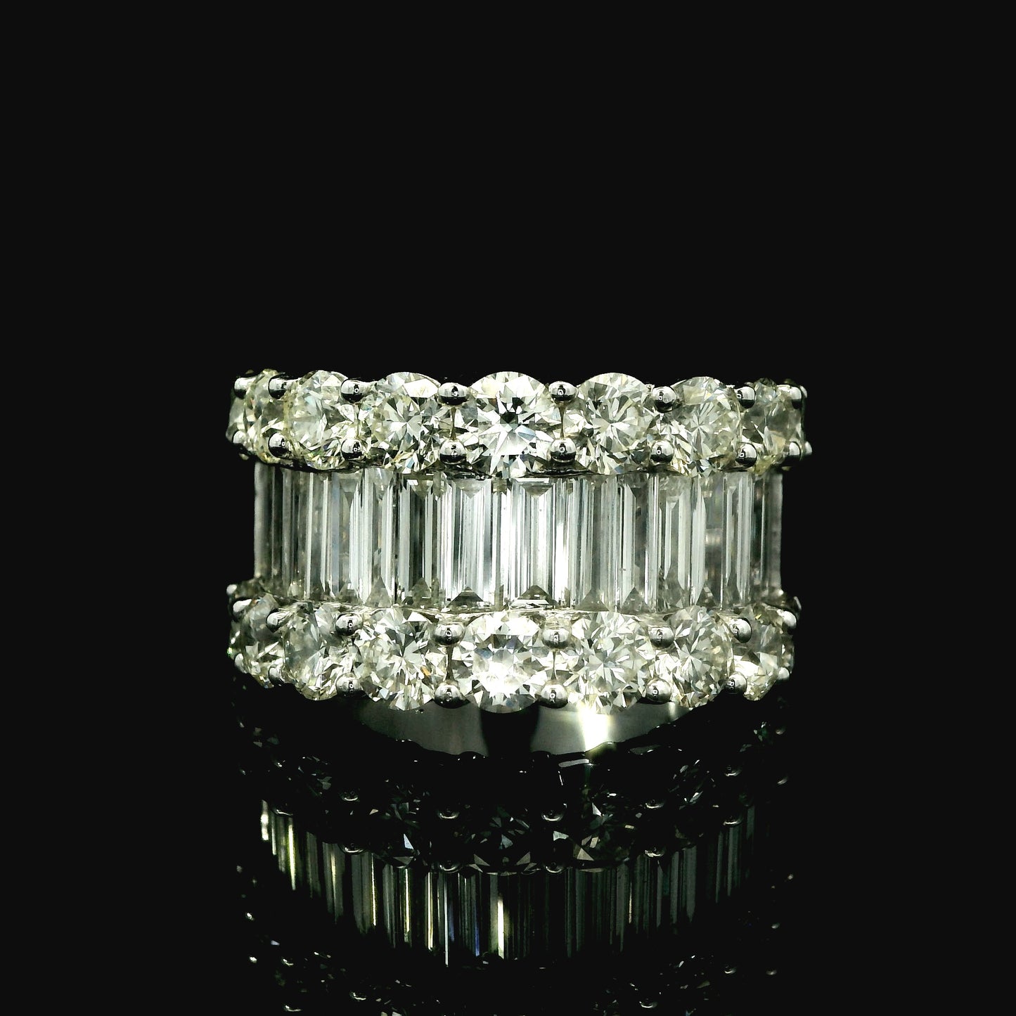 Wide Baguette and Round Brilliant Diamond Band – Natural Multi-Row Statement Ring in 14K White Gold