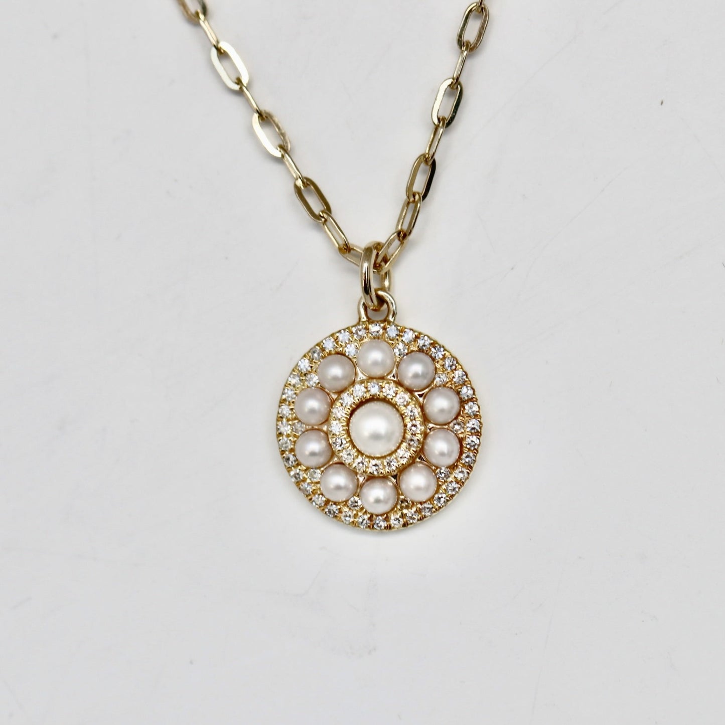 Pearl an Diamond Disc Pendant on a Paperclip Chain in 14kt Gold