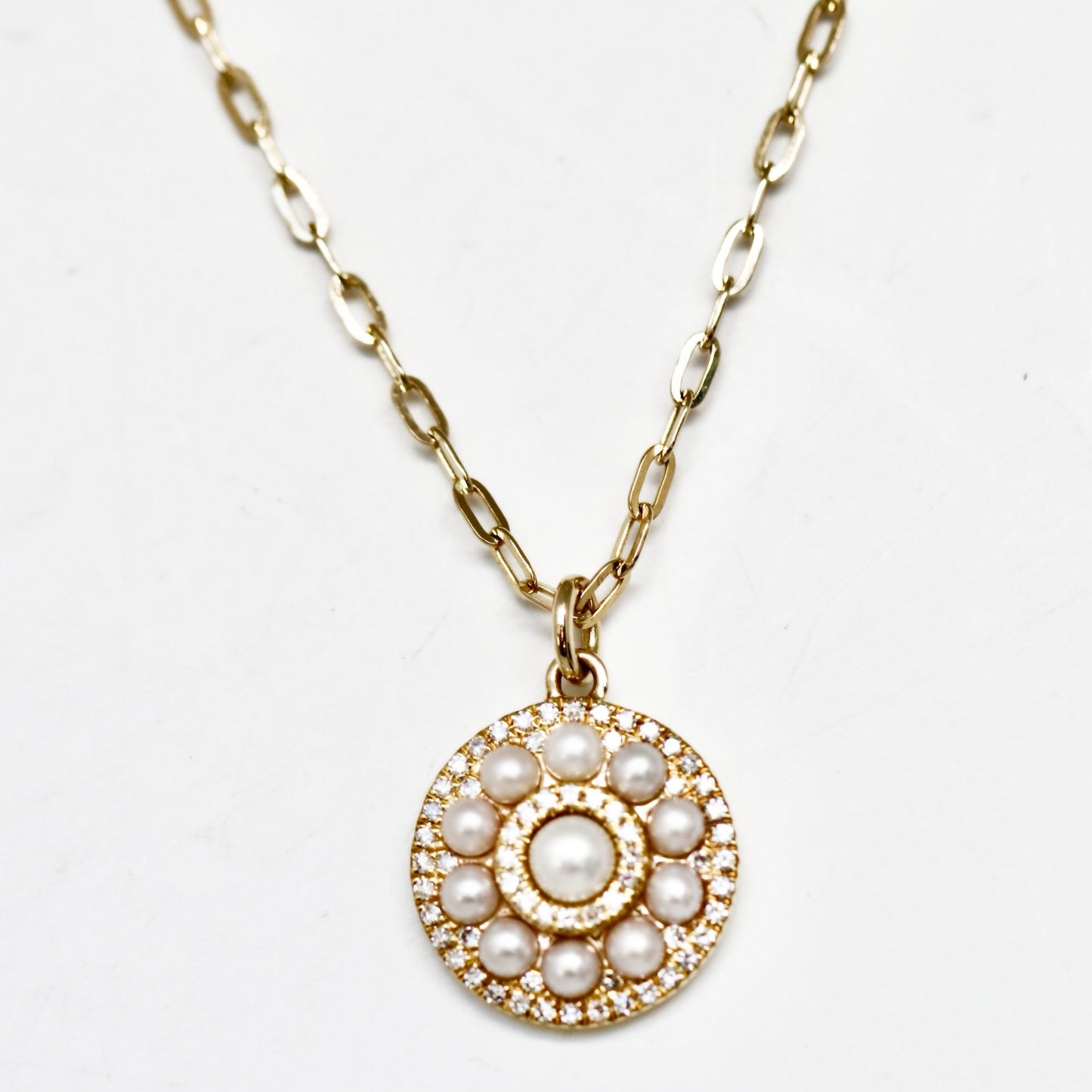 diamond and pearl dis necklace with paperclip chain