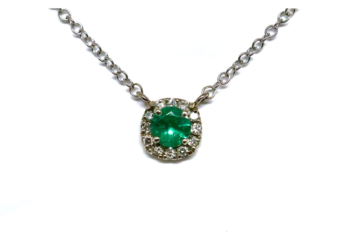 Round Emerald Cut and Cushion Shaped Diamond Halo Pendant in 14kt White Gold