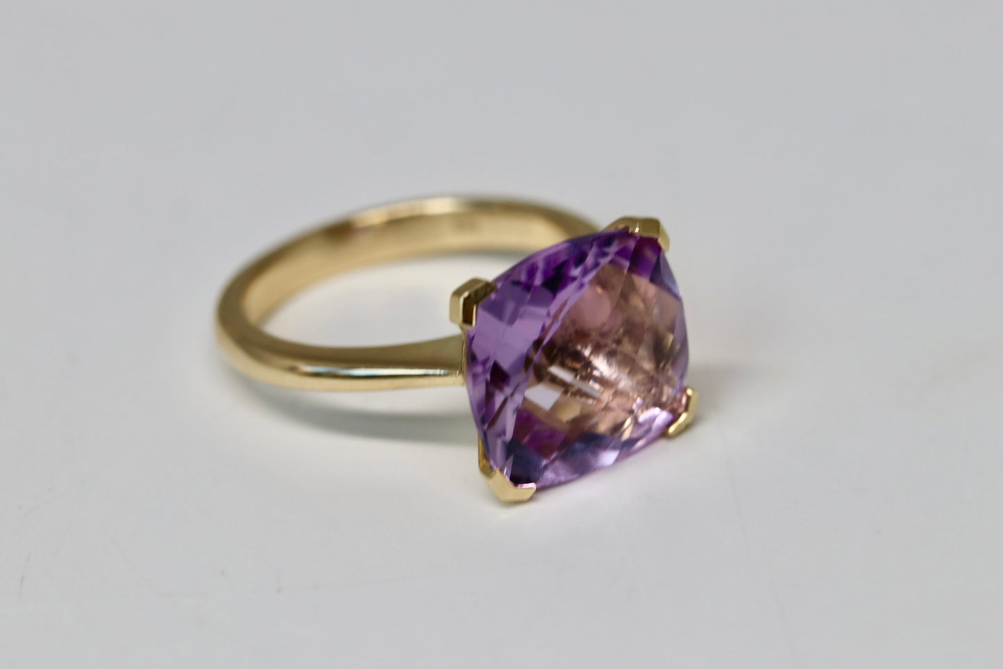 Genuine Checkerboard Cushion Cut Amethyst Gemstone Ring in 14kt Solid Gold