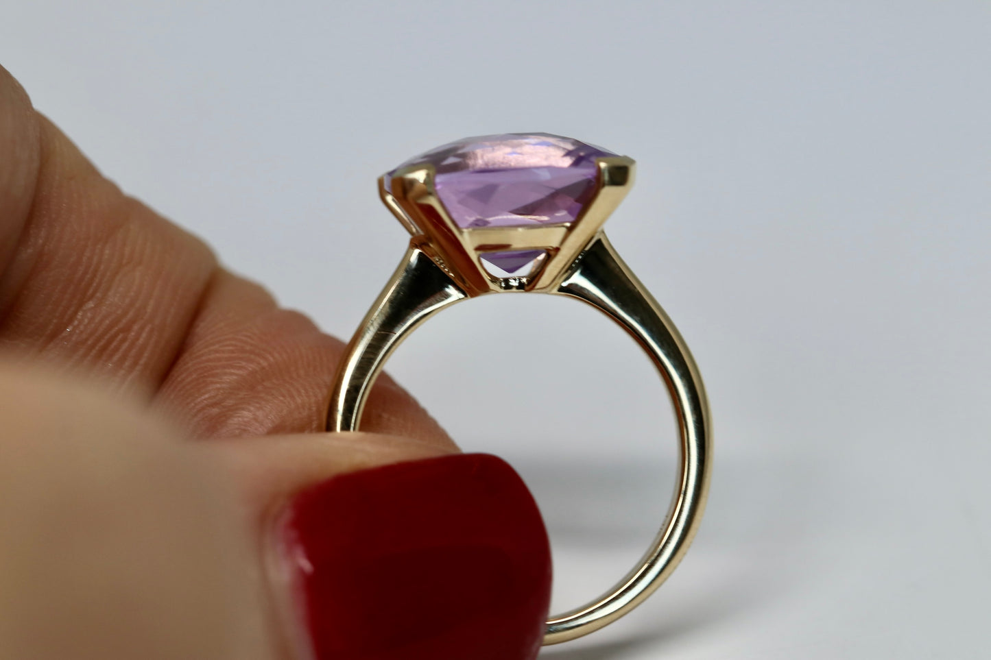 Genuine Checkerboard Cushion Cut Amethyst Gemstone Ring in 14kt Solid Gold