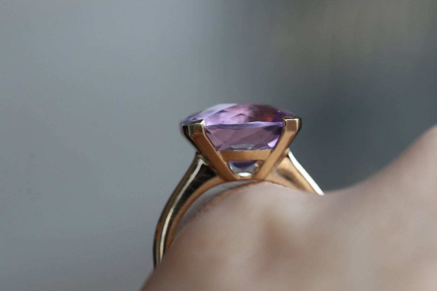 Genuine Checkerboard Cushion Cut Amethyst Gemstone Ring in 14kt Solid Gold