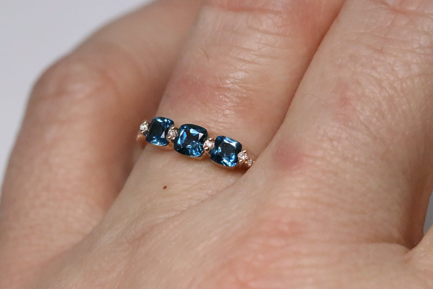 3 Stone London Blue Topaz Cushion Cut and Diamond Ring