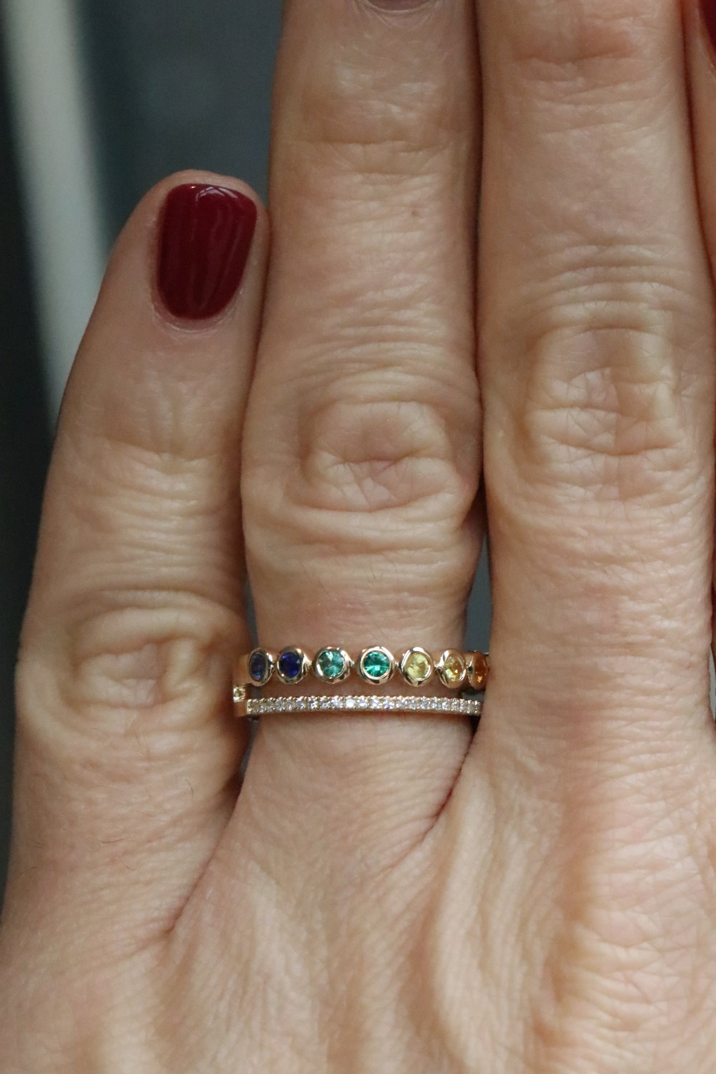2 Row Rainbow Sapphire and Diamond Ring
