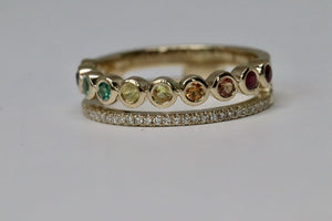 2 Row Rainbow Sapphire and Diamond Ring