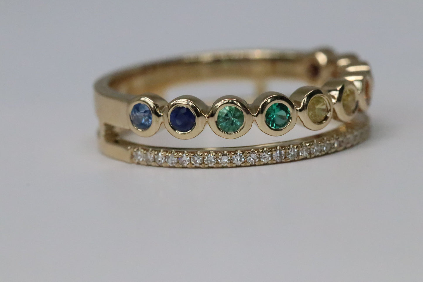 2 Row Rainbow Sapphire and Diamond Ring