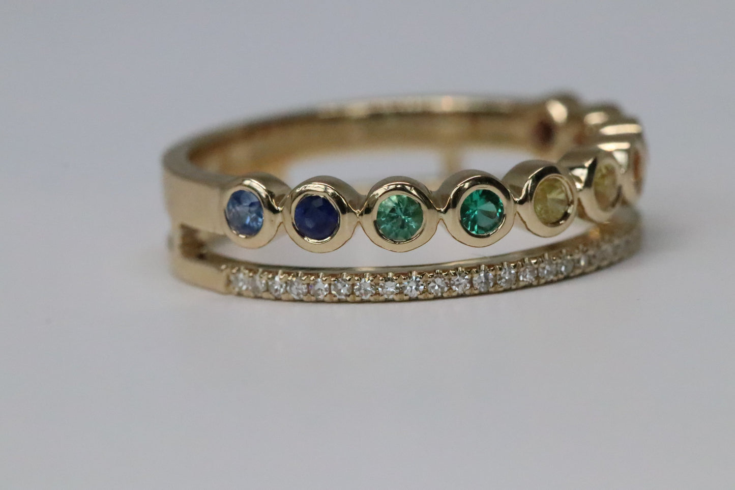 2 Row Rainbow Sapphire and Diamond Ring