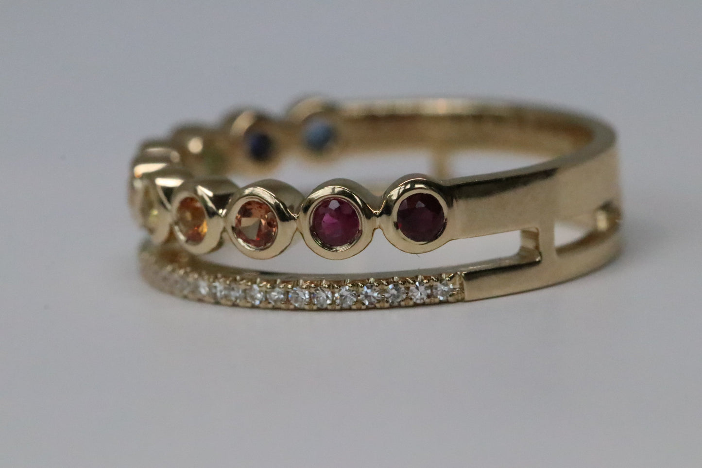 2 Row Rainbow Sapphire and Diamond Ring