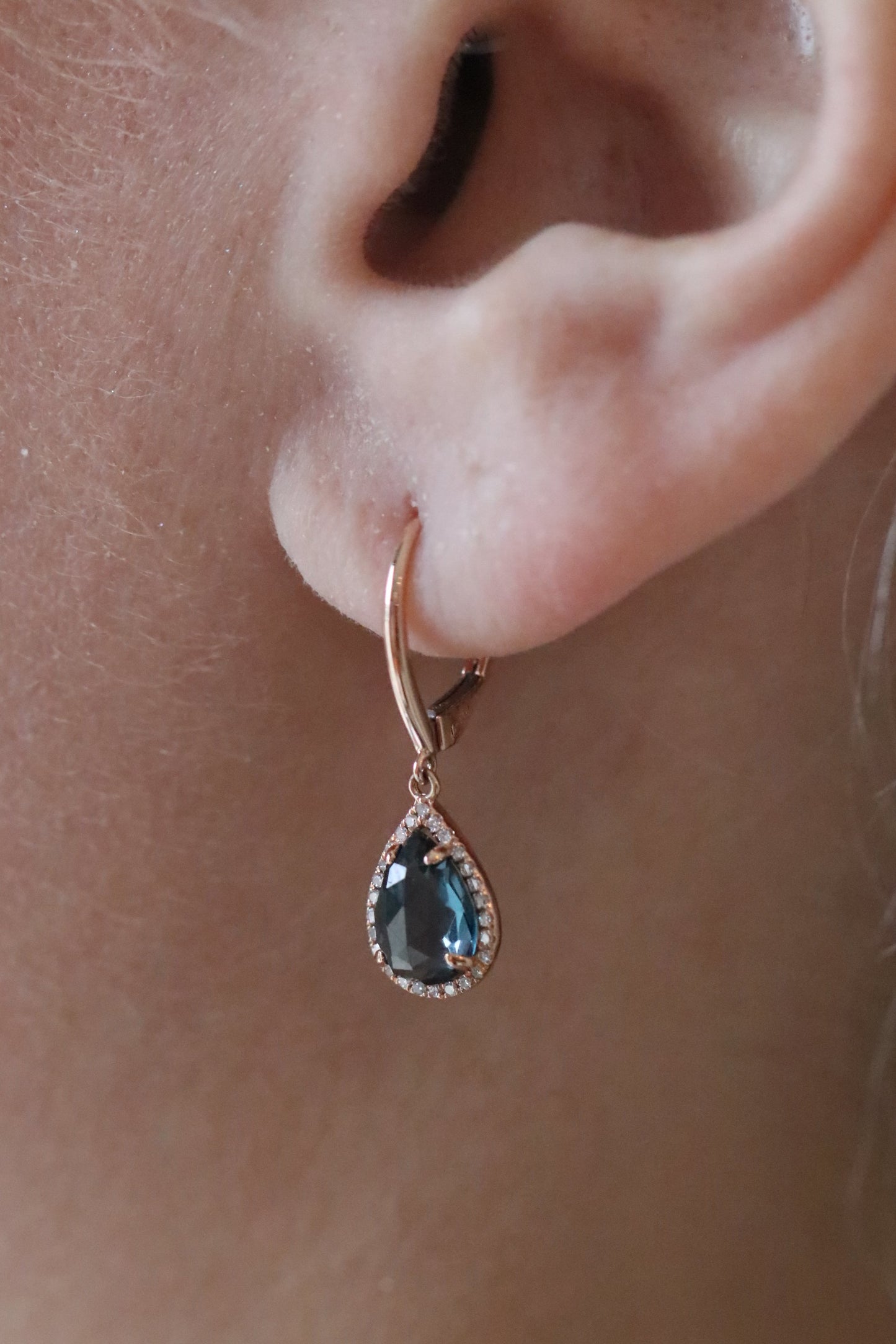 Pear Cut London Blue Topaz and Diamond Halo Dangle Earrings