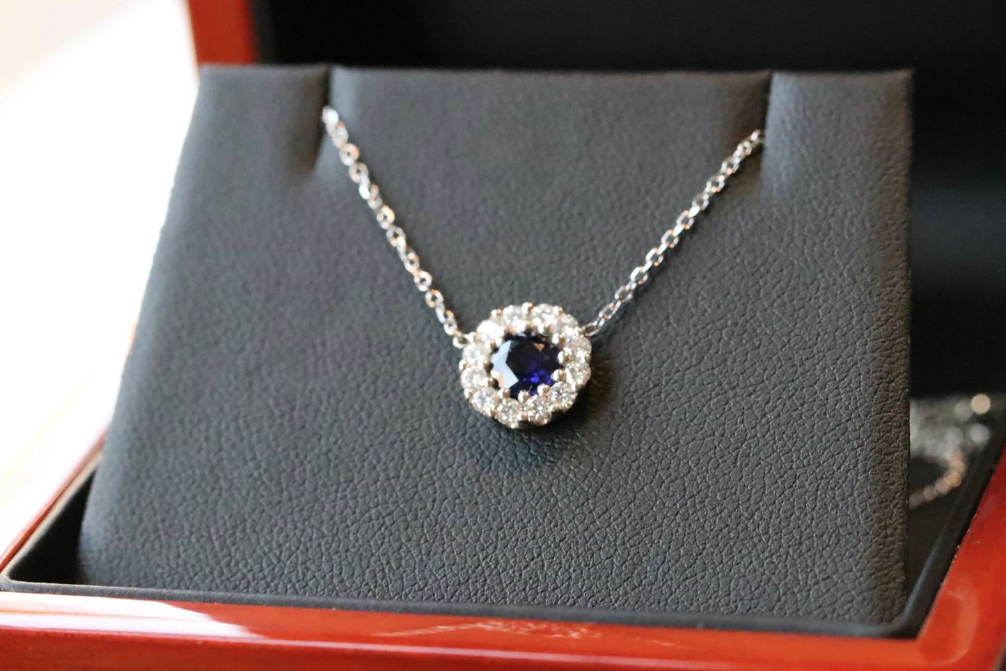 Round Blue Sapphire Diamond Halo Pendant in 14kt White Gold