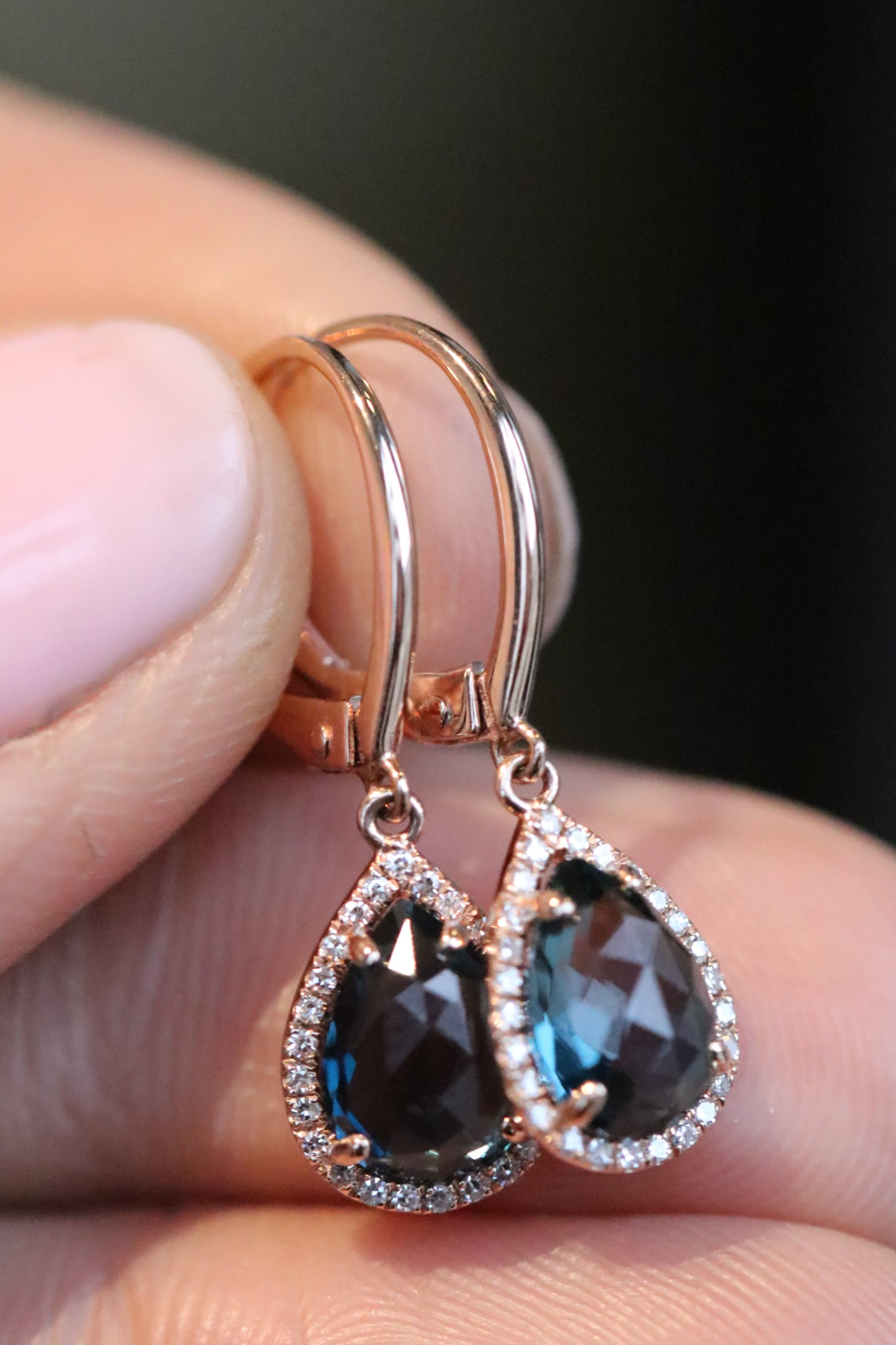 Pear Cut London Blue Topaz and Diamond Halo Dangle Earrings