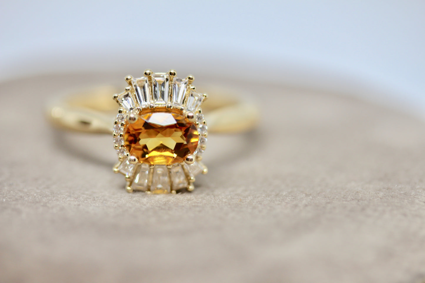 Art Deco Styled Citrine and Diamond Ring in 14kt Yellow Gold