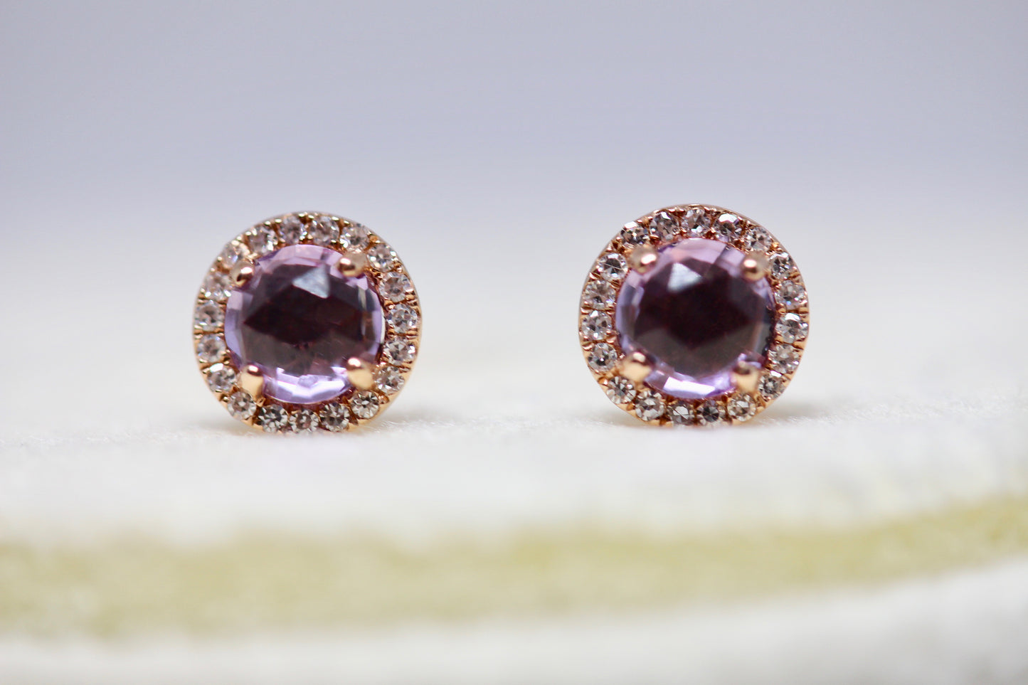 Genuine Round Checkerboard Cut Amethyst Diamond Halo Earrings