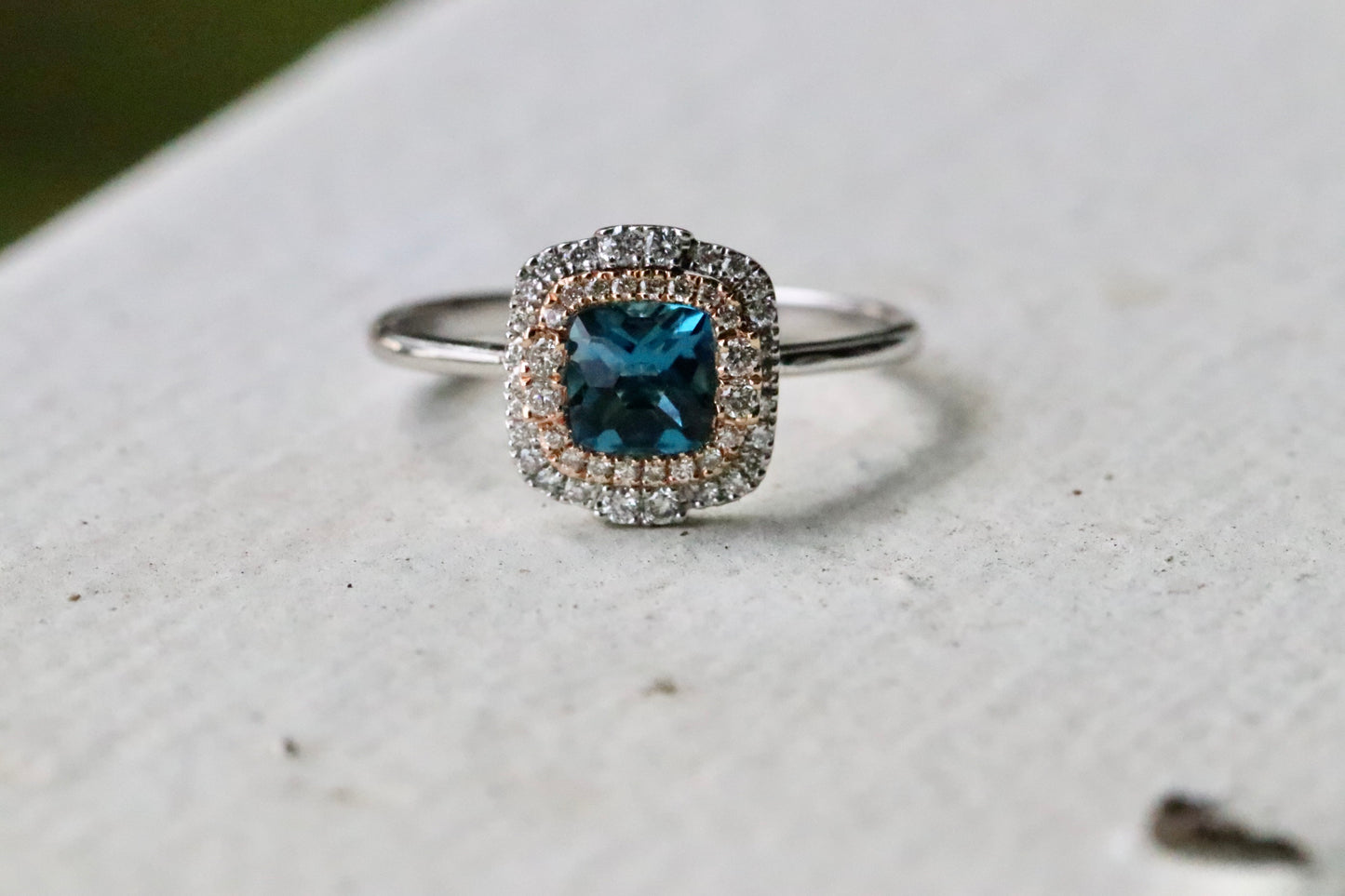 Two-Tone Double Halo Cushion Cut London Blue Topaz Fashion Ring