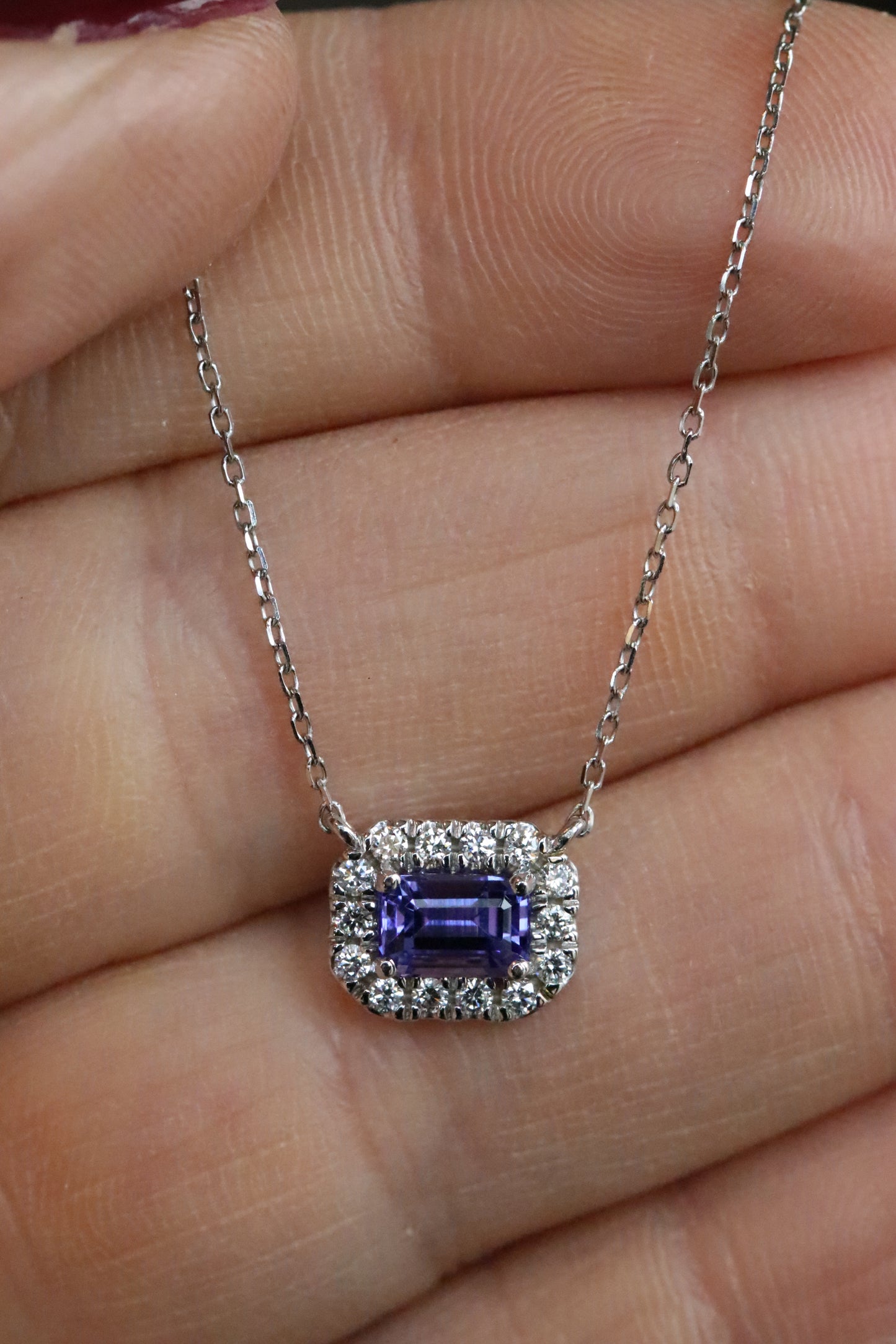Emerald Cut Tanzanite and Diamond Halo Pendant