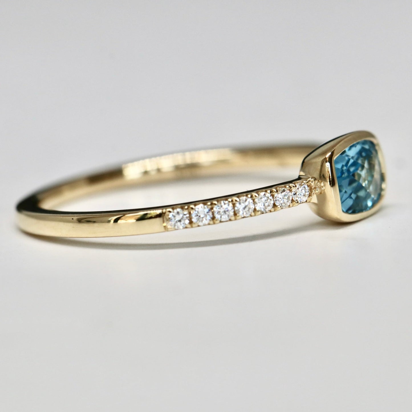 Bezel Set Blue Zircon Checkerboard Cushion Cut and Diamond ring in Solid 14k Gold