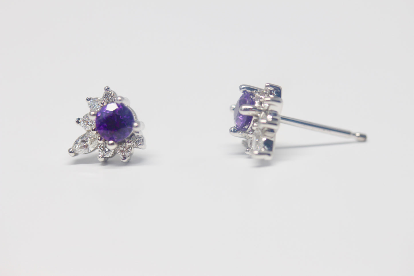 14kt White Gold Diamond and Round Cut Amethyst Earrings