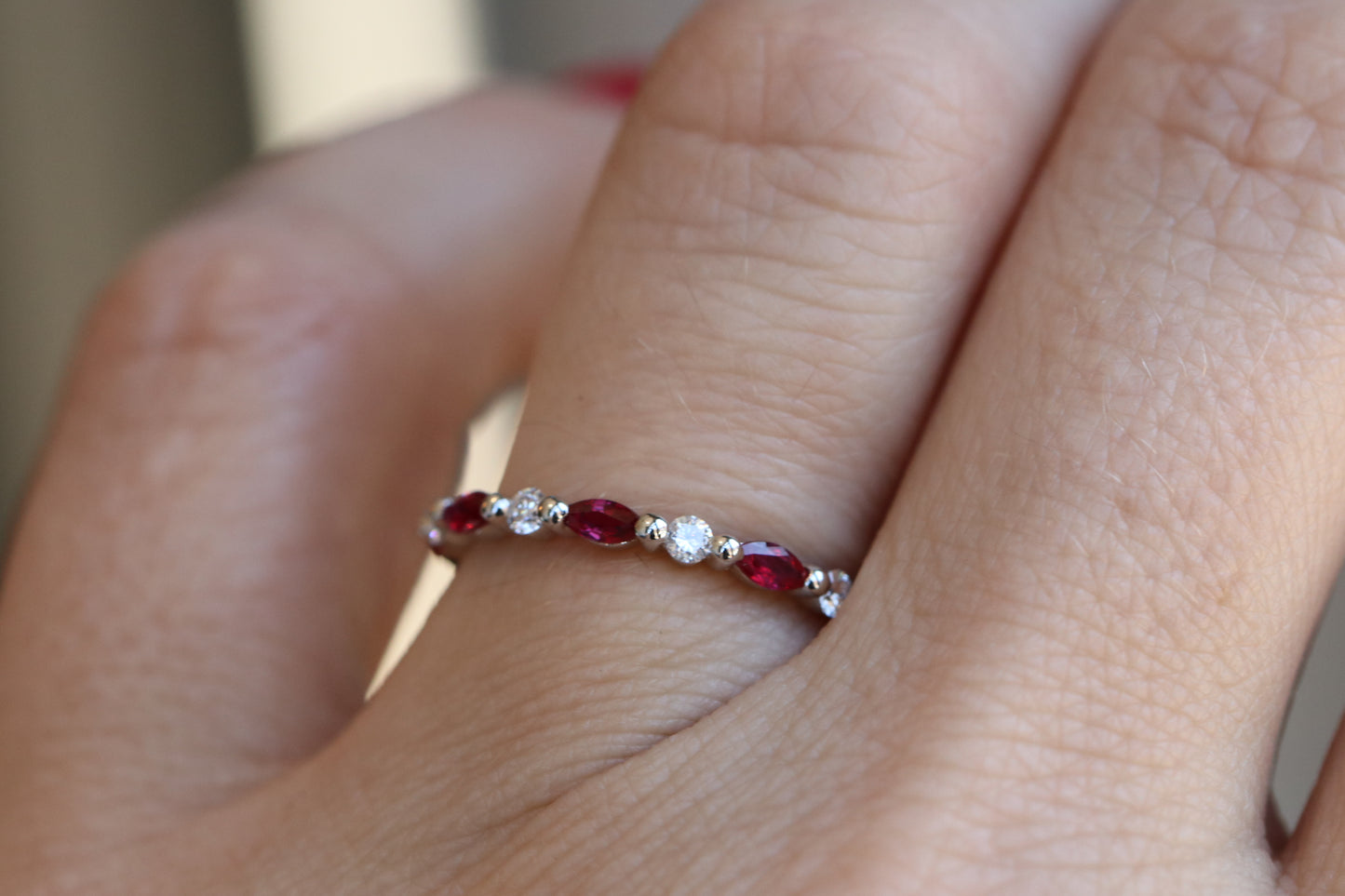 Alternating Marquise Cut Ruby and Round Diamond Stackable Ring
