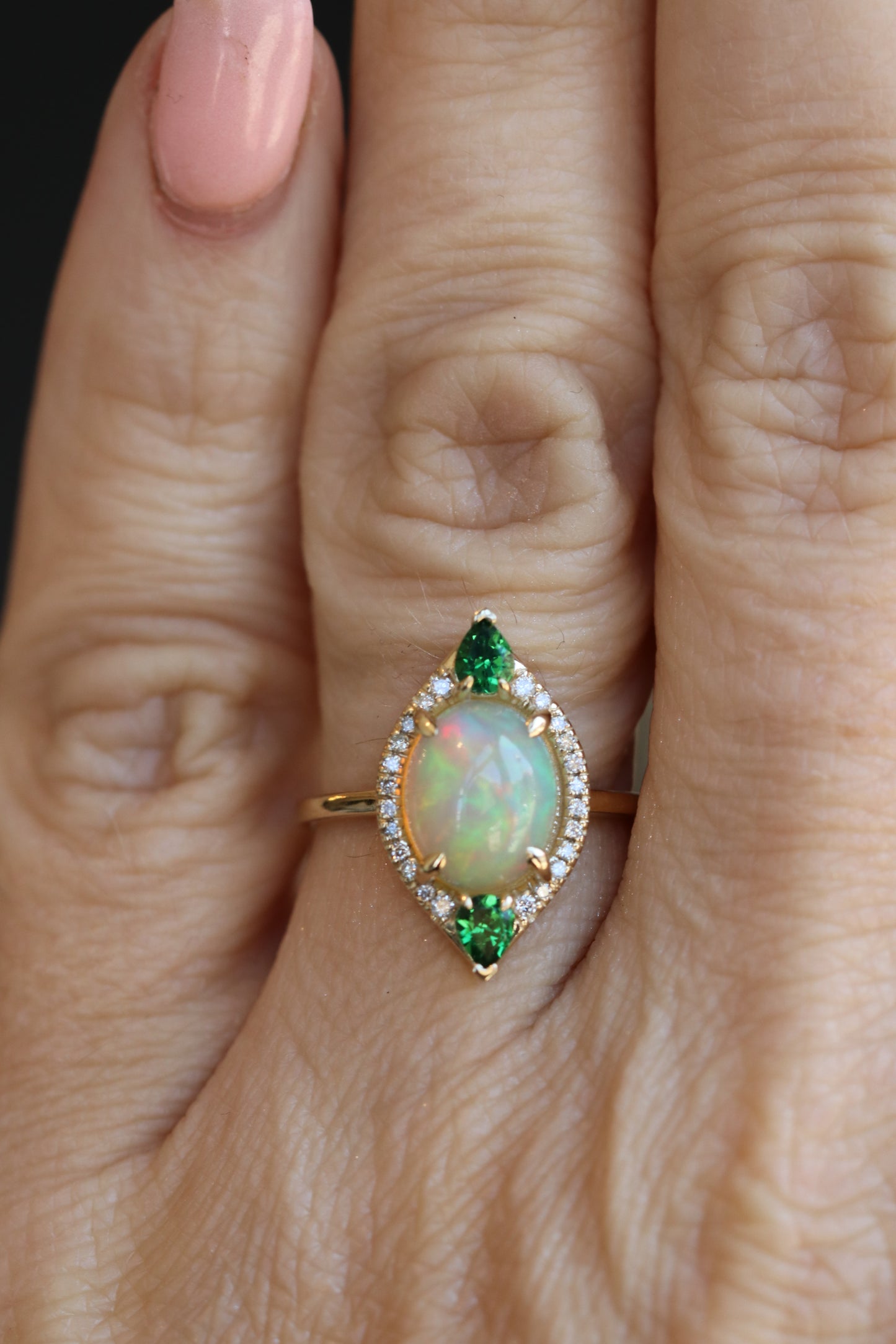 Oval Opal Cut, Green Garnet, and Diamond Halo Ring in Solid 14kt Gold