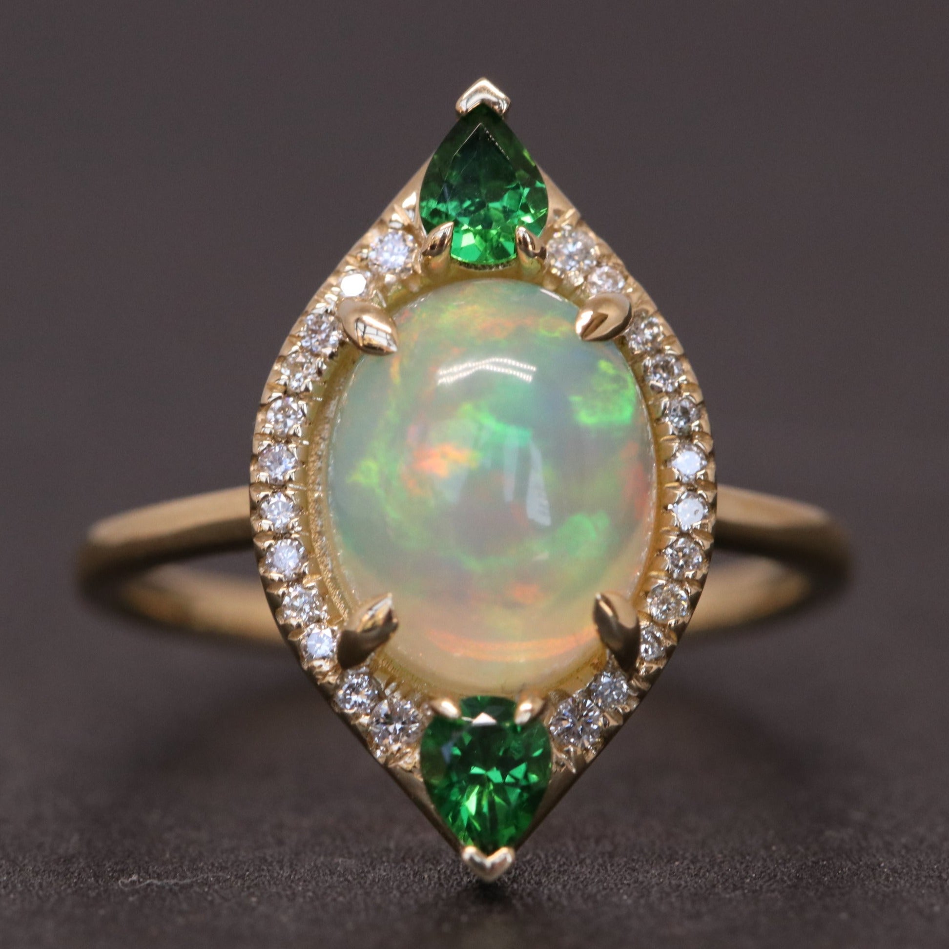 Oval Opal Cut, Green Garnet, and Diamond Halo Ring in Solid 14kt